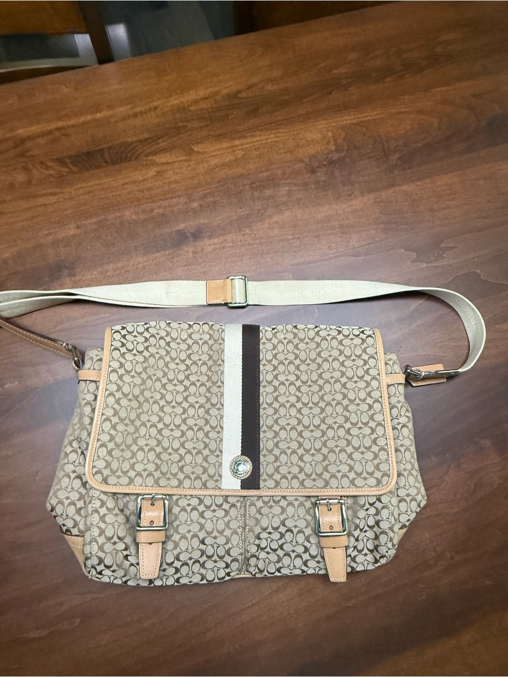 Coach Beige Signature Canvas Crossbody with Tan Trim and Center Stripe